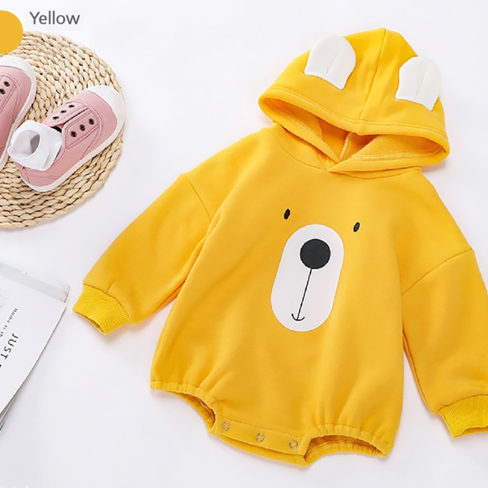 Bear Face Printed Hoodie Baby Romper Yellow